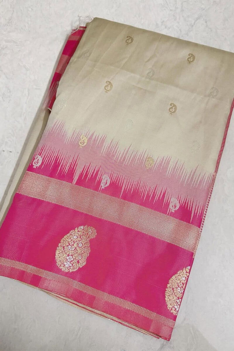 Cynosure Biege Soft Silk Saree With Delightful Blouse Piece