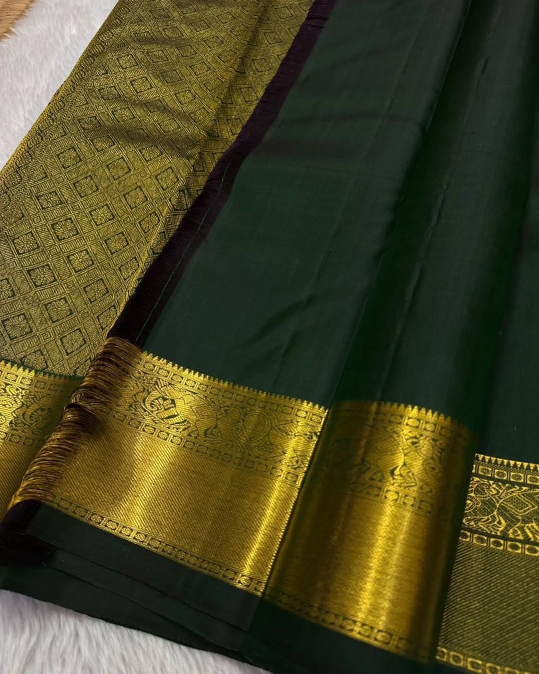 Desirable Dark Green Soft Banarasi Silk Saree With Whimsical Blouse Piece