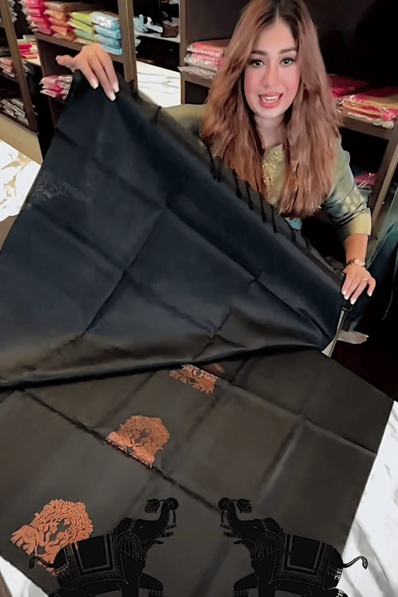 Gratifying Black Soft Banarasi Silk Saree With Intricate Blouse Piece