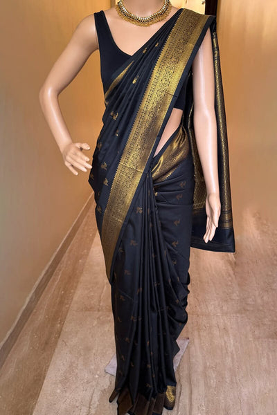 Posh Black Soft Banarasi Silk Saree With Allure Blouse Piece