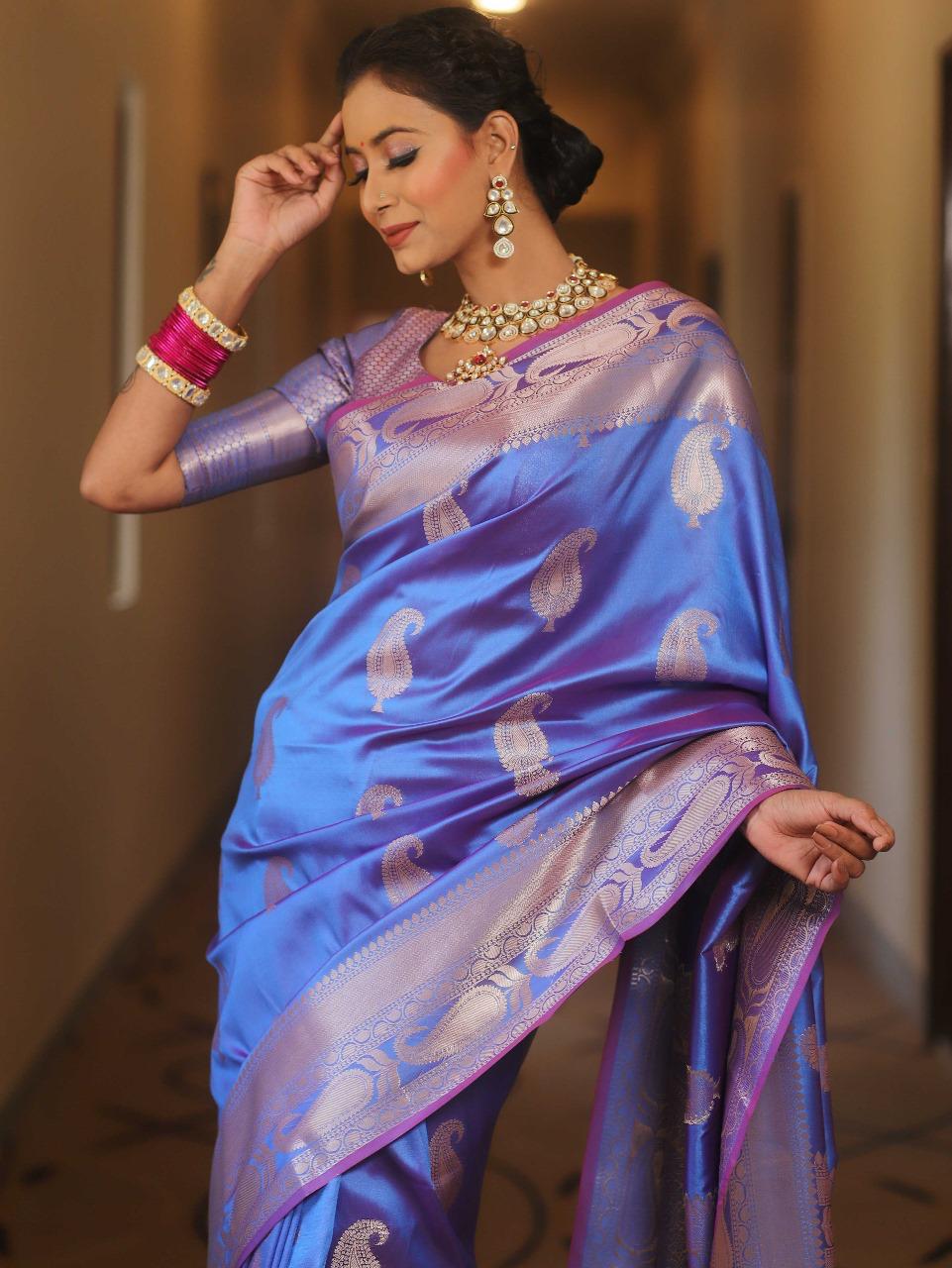 Groovy Blue Soft Banarasi Silk Saree With Artistic Blouse Piece