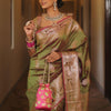 Enthralling Mehndi Soft Banarasi Silk Saree With Deserving Blouse Piece