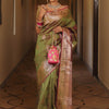 Enthralling Mehndi Soft Banarasi Silk Saree With Deserving Blouse Piece