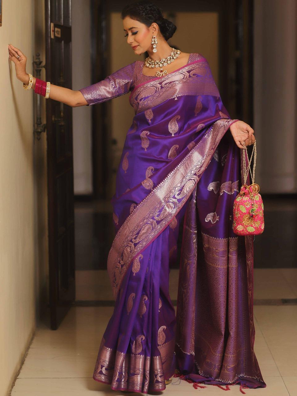 Prettiest Purple Soft Banarasi Silk Saree With Ailurophile Blouse Piece