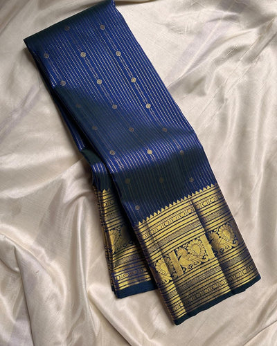Engrossing Navy Blue Soft Banarasi Silk Saree With Gratifying Blouse Piece