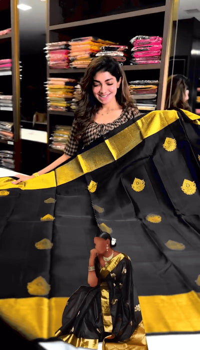 Beautiful Black Soft Banarasi Silk Saree With Snazzy Blouse Piece