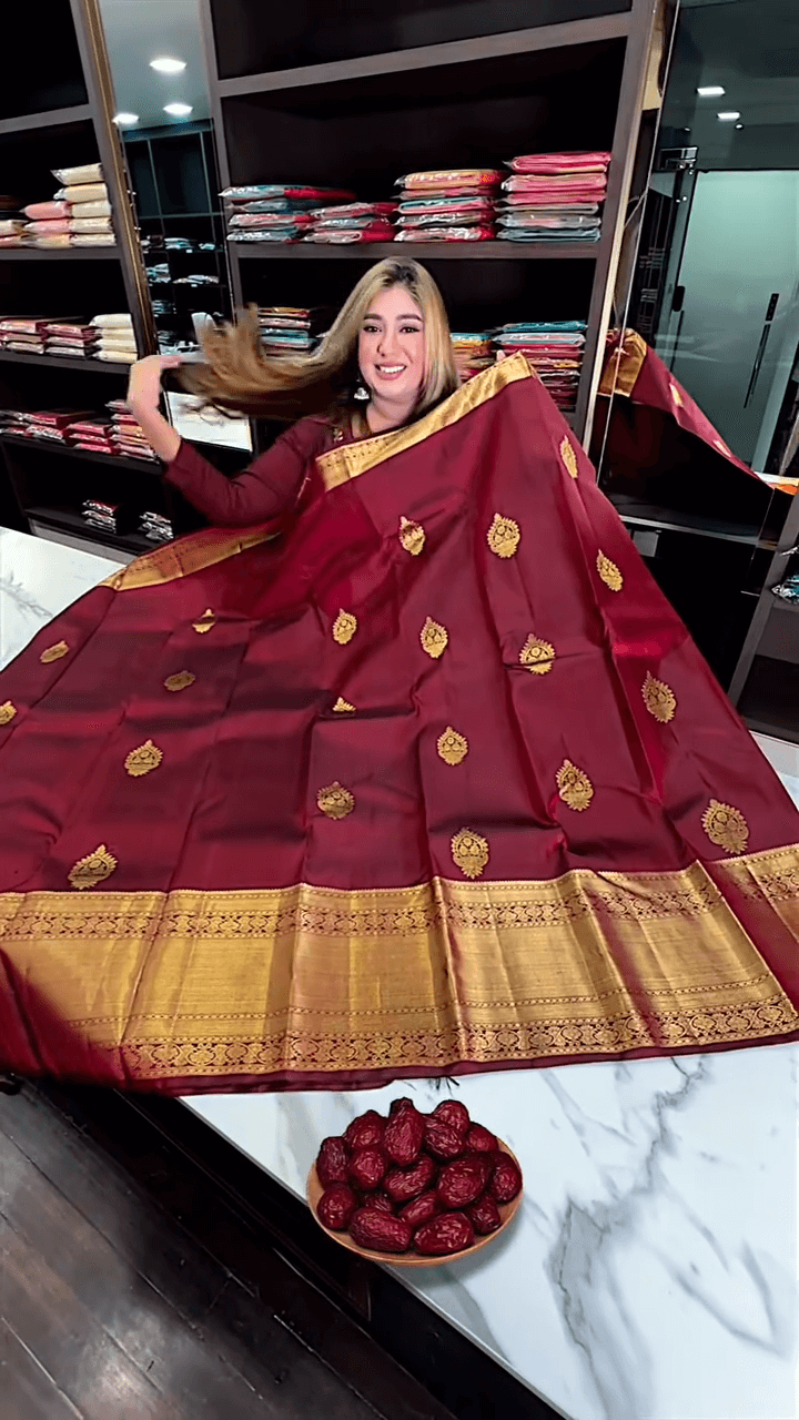 Eclat Maroon Soft Banarasi Silk Saree With Flameboyant Blouse Piece