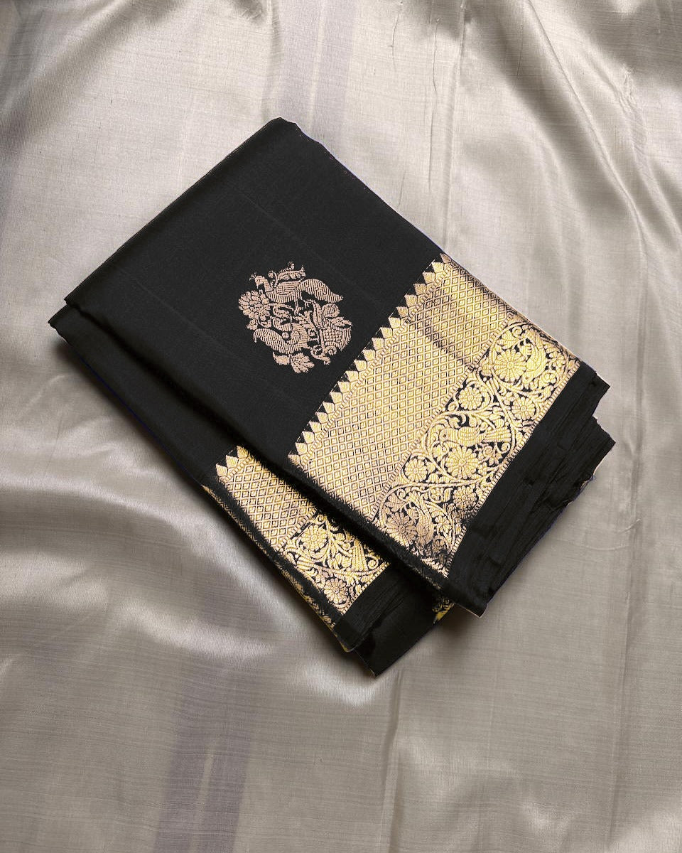 Tremendous Black Soft Banarasi Silk Saree With Pleasurable Blouse Piece