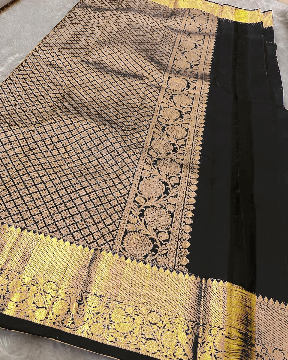 Tremendous Black Soft Banarasi Silk Saree With Pleasurable Blouse Piece