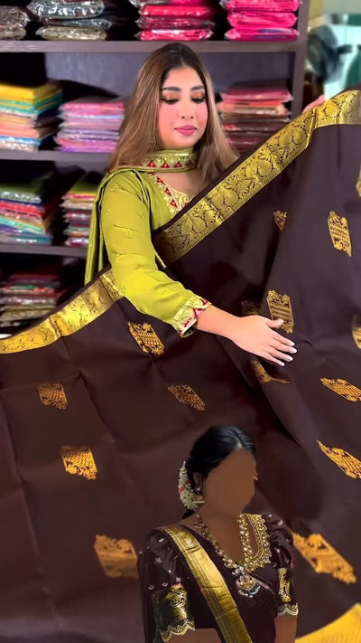 Woebegone Brown Soft Banarasi Silk Saree With Angelic Blouse Piece