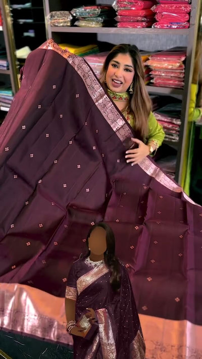 Jazzy Wine Soft Banarasi Silk Saree With Snazzy Blouse Piece