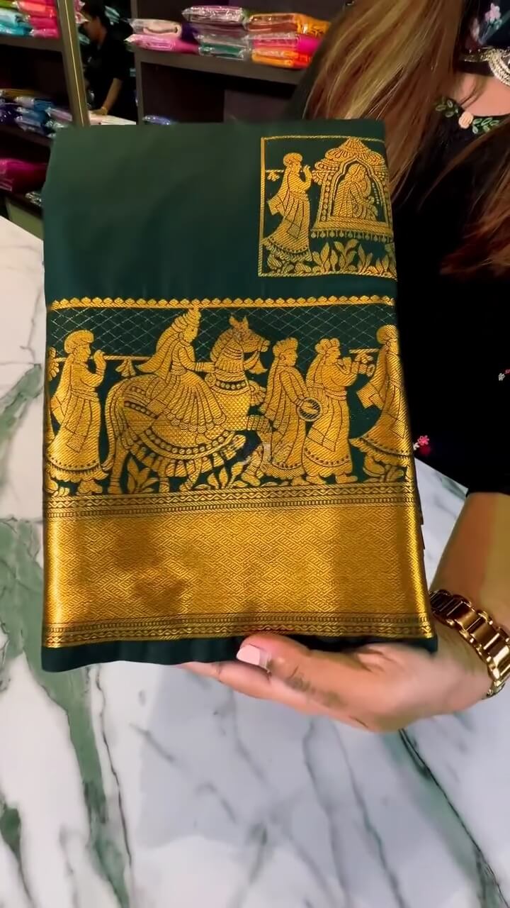 Angelic Dark Green Soft Banarasi Silk Saree With Deserving Blouse Piece