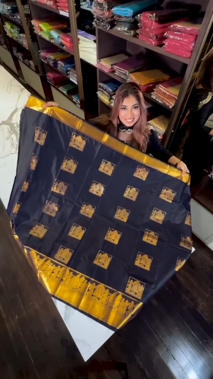 Sizzling Navy Blue Soft Banarasi Silk Saree With Petrichor Blouse Piece