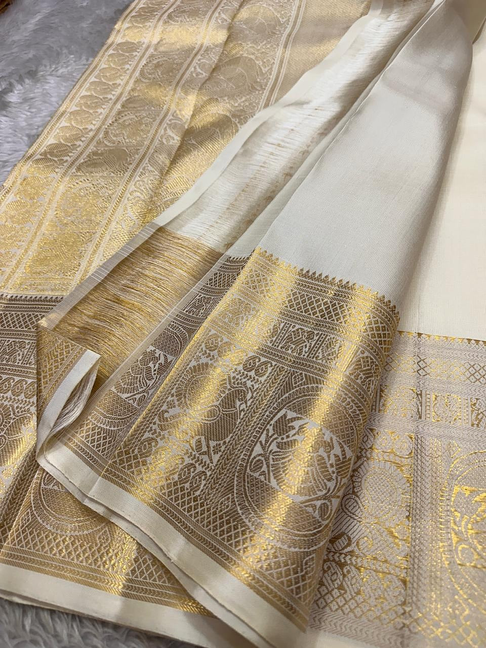 Eclat Beige Soft Banarasi Silk Saree With Designer Blouse Piece