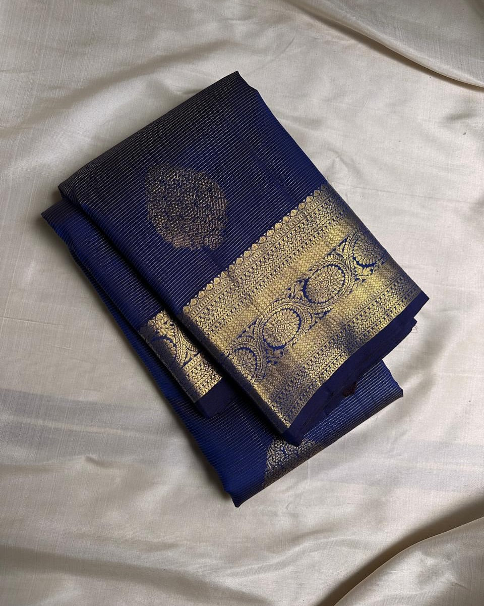 Zephyr Navy Blue Soft Banarasi Silk Saree With Forbearance Blouse Piece