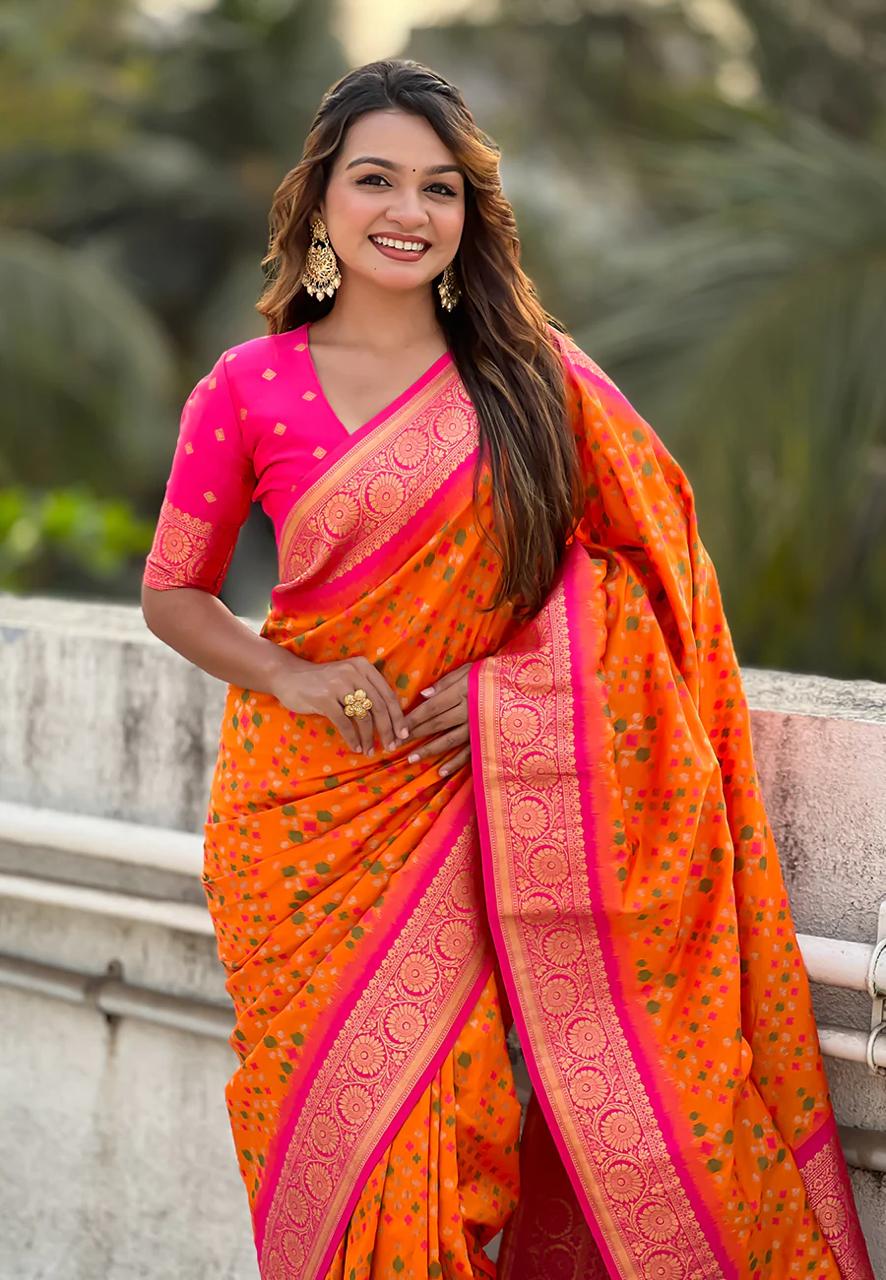 Imbrication Orange Soft Silk Saree With Rhapsodic Blouse Piece