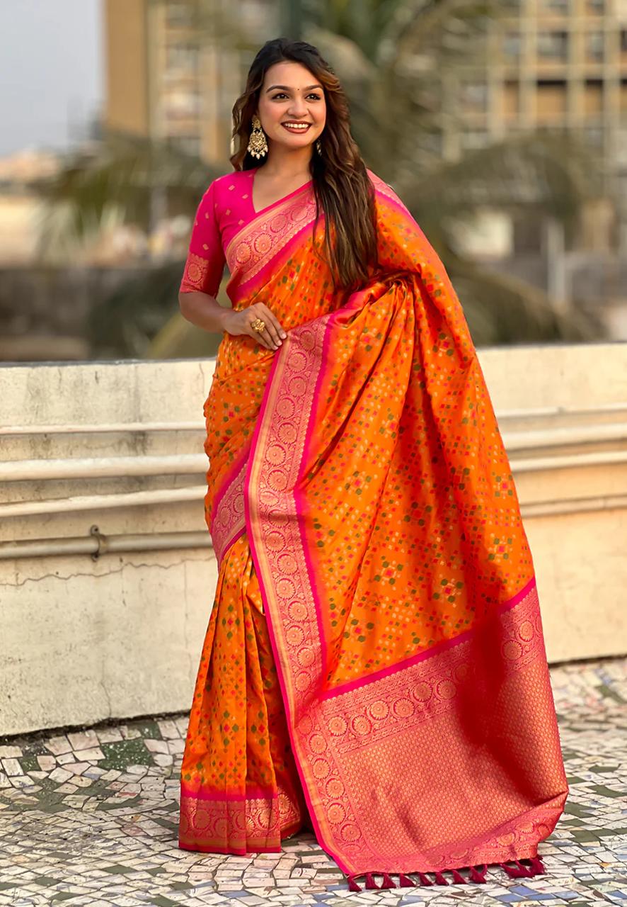Imbrication Orange Soft Silk Saree With Rhapsodic Blouse Piece