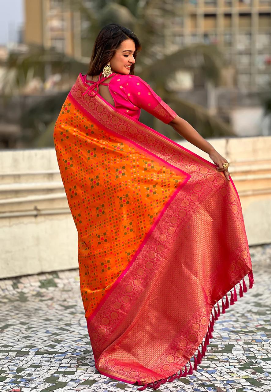 Imbrication Orange Soft Silk Saree With Rhapsodic Blouse Piece