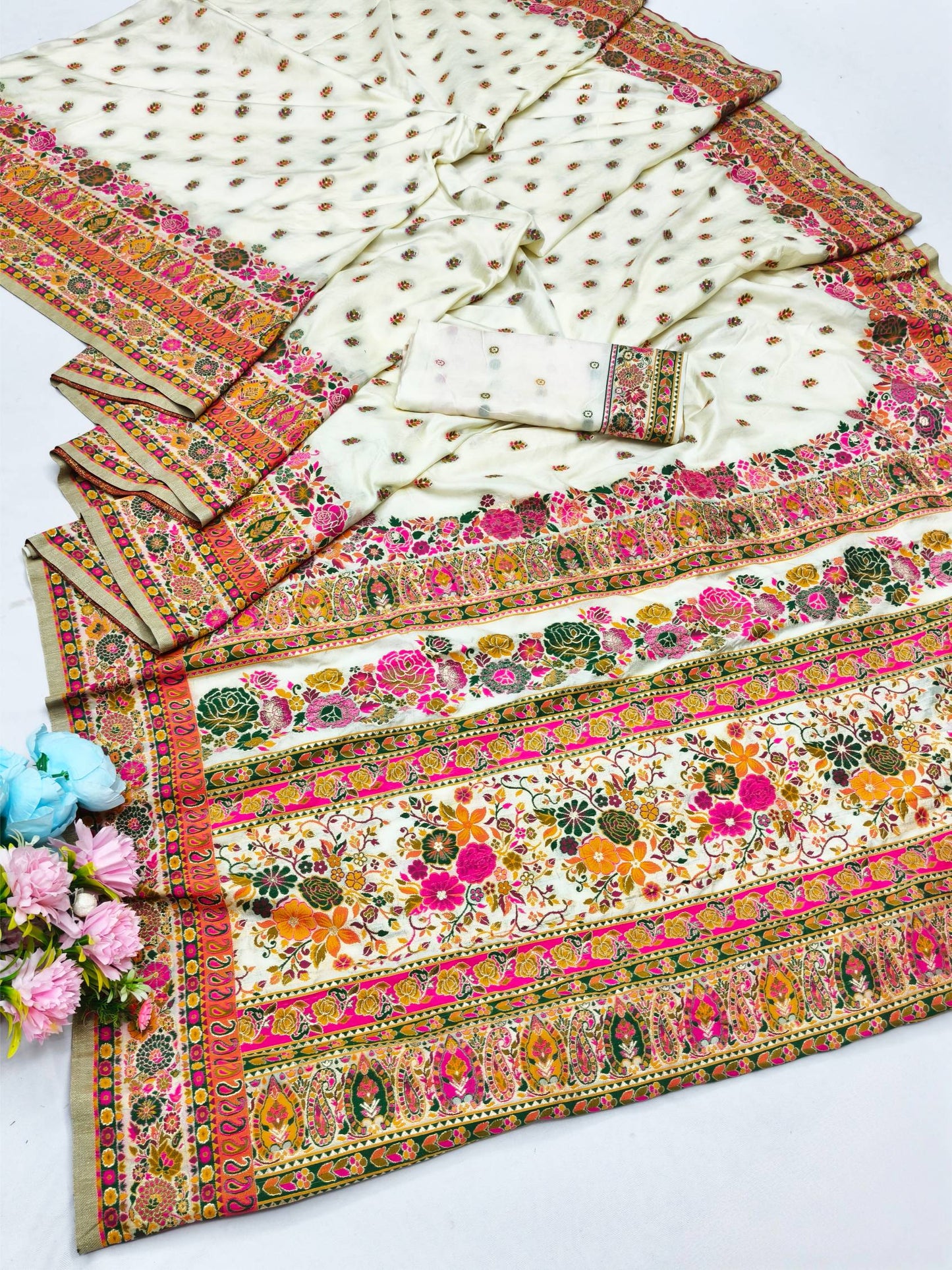 Majesty Beige Nylon Dola Pashmina Saree With Innovative Blouse Piece