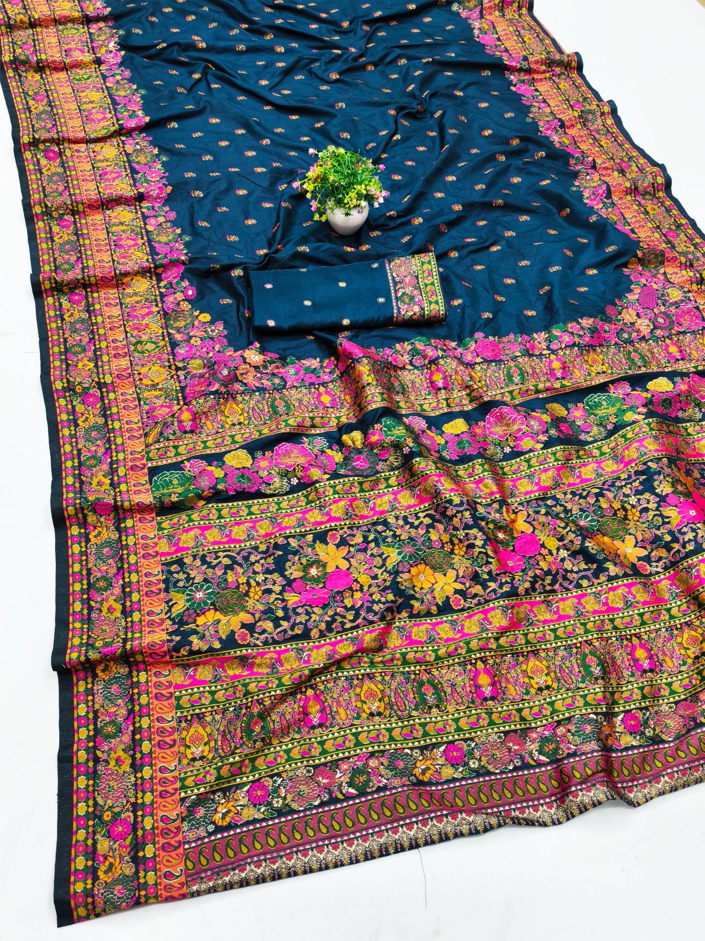 Exquisite Blue Nylon Dola Pashmina Saree With Lustrous Blouse Piece