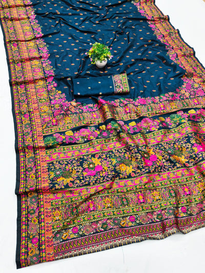 Exquisite Blue Nylon Dola Pashmina Saree With Lustrous Blouse Piece