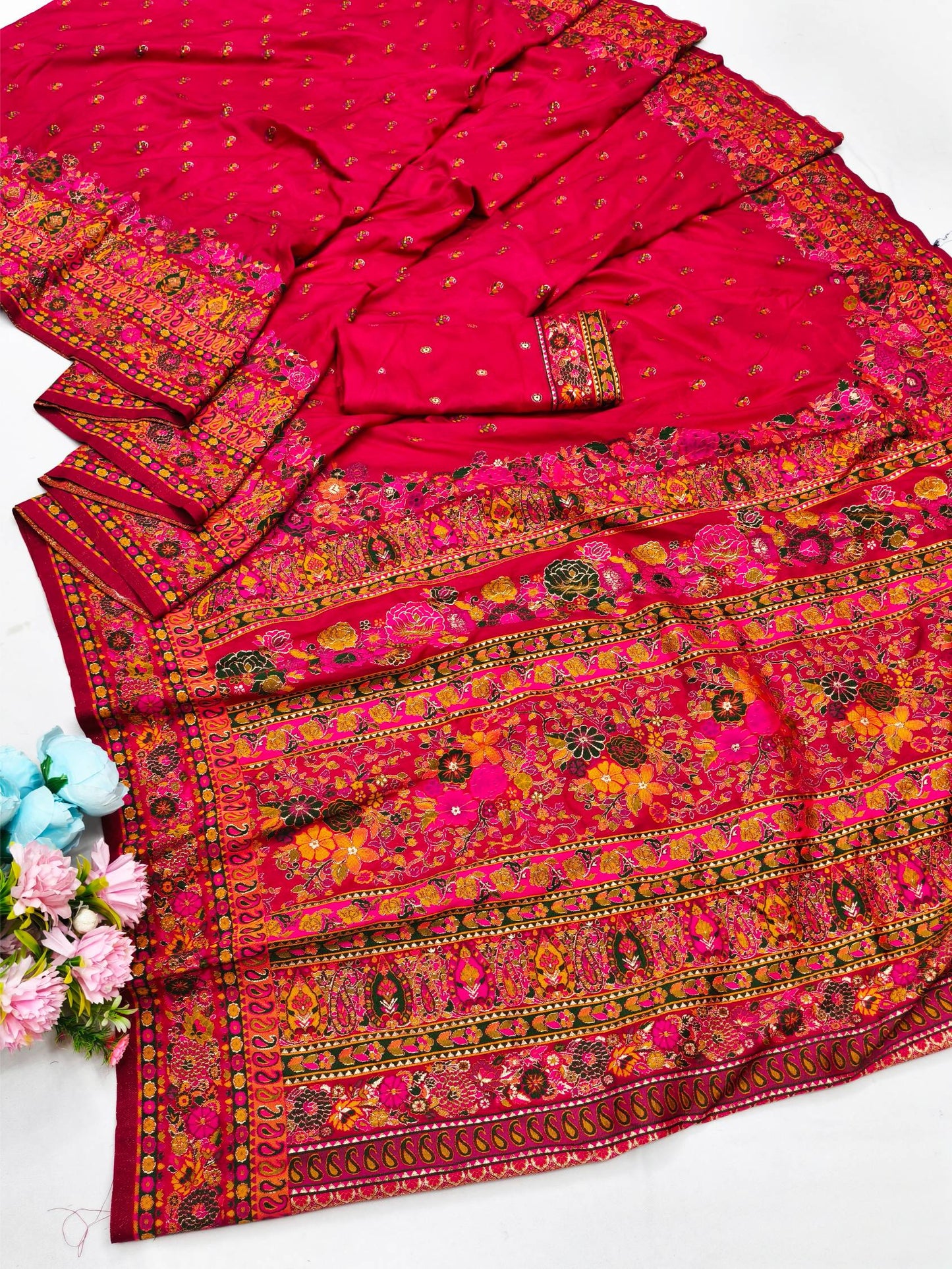 Winsome Dark Pink Nylon Dola Pashmina Saree With Evanescent Blouse Piece