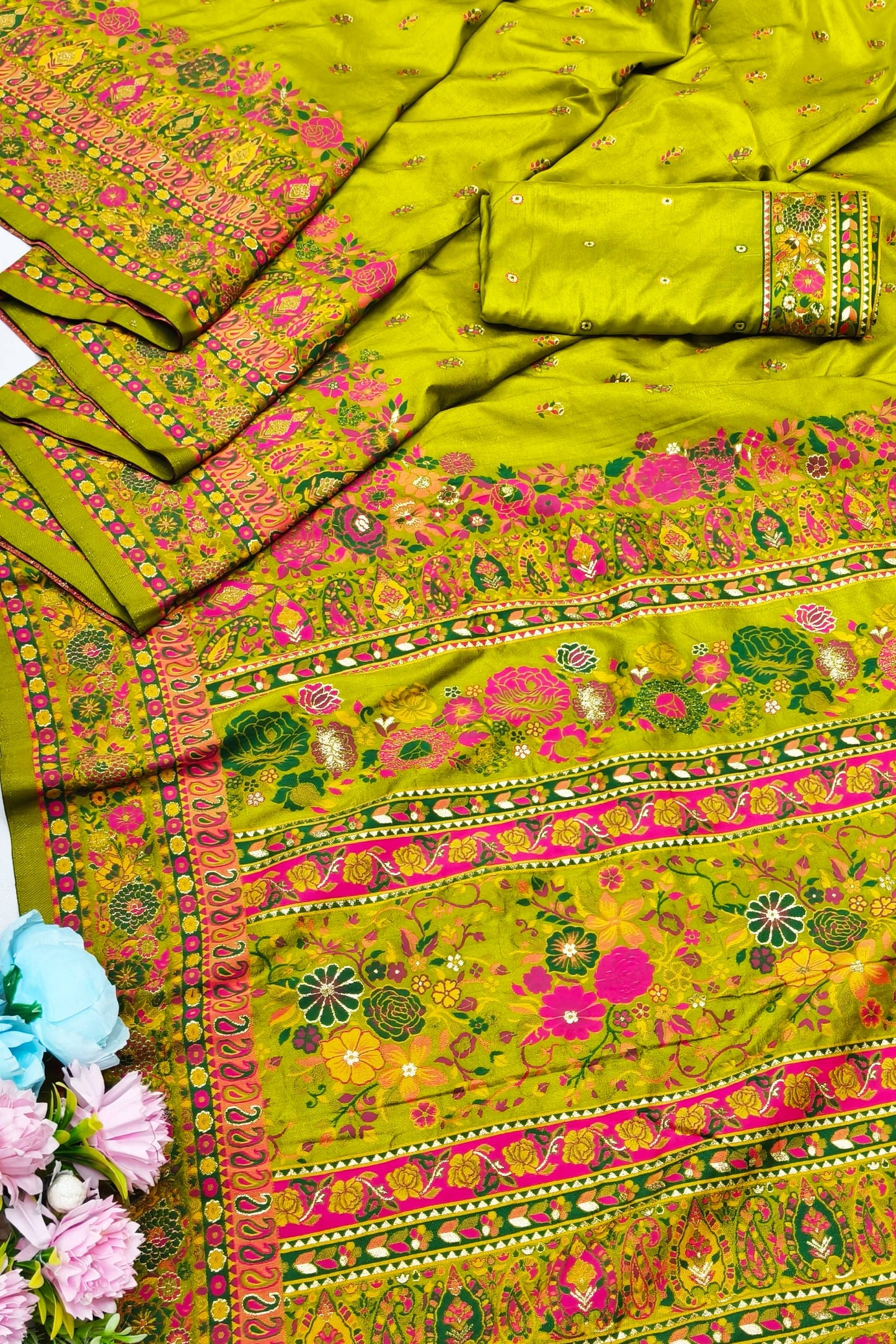 Ethnic Mehandi Nylon Dola Pashmina Saree With Quixotic Blouse Piece