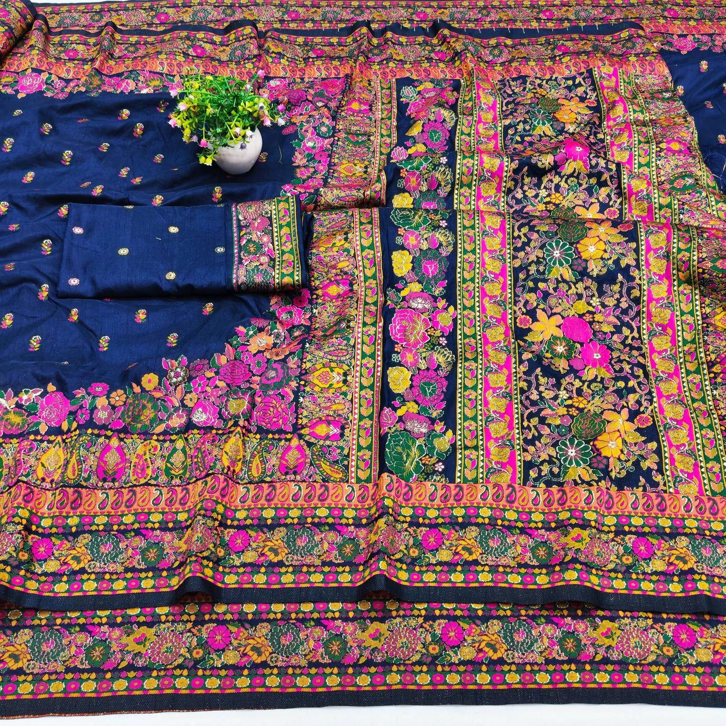 Demanding Navy Blue Nylon Dola Pashmina Saree With Gleaming Blouse Piece