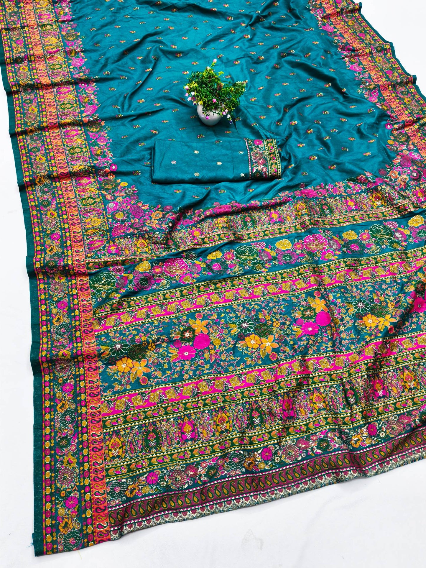 Pretty Rama Nylon Dola Pashmina Saree With Piquant Blouse Piece