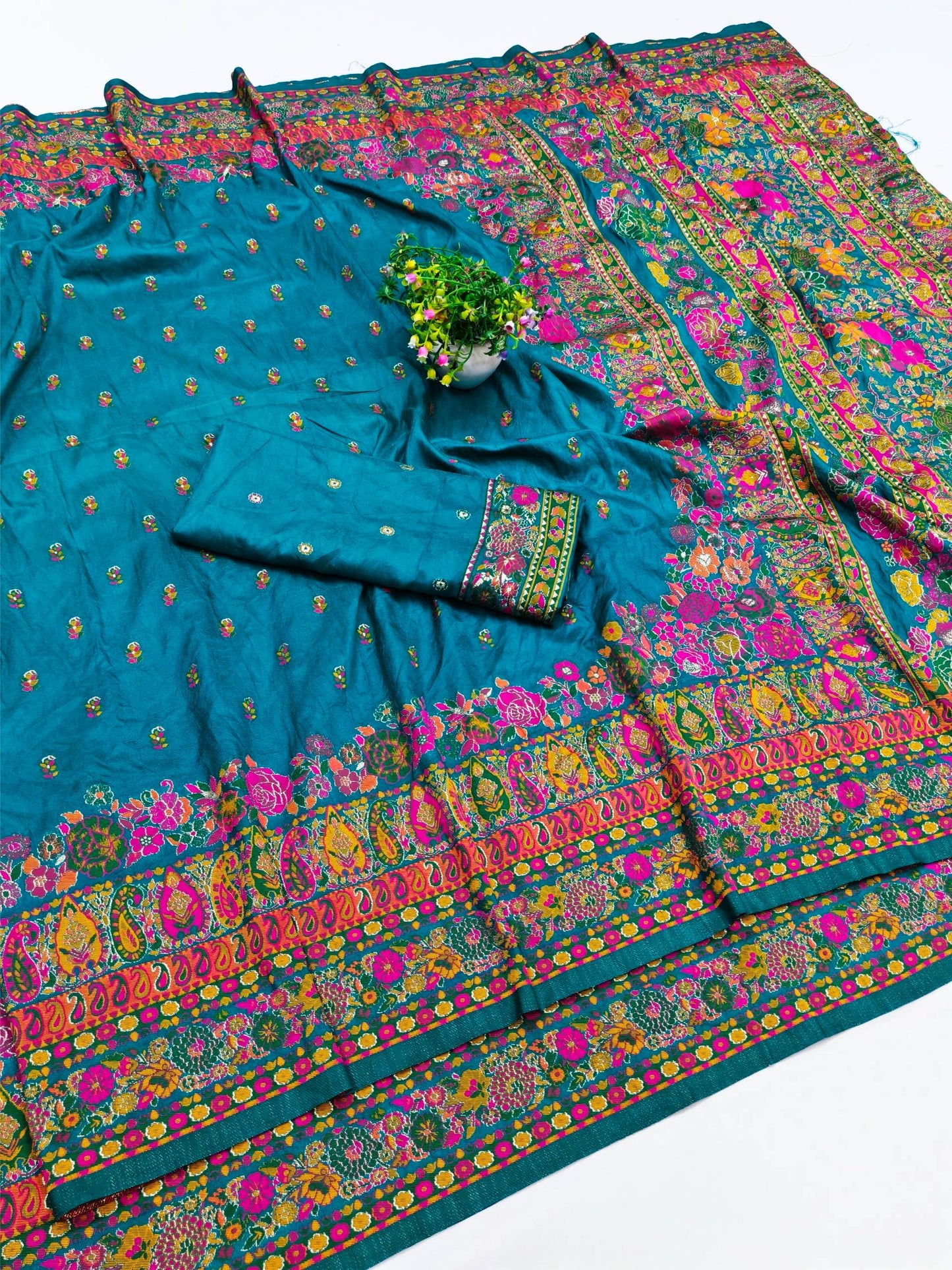 Pretty Rama Nylon Dola Pashmina Saree With Piquant Blouse Piece