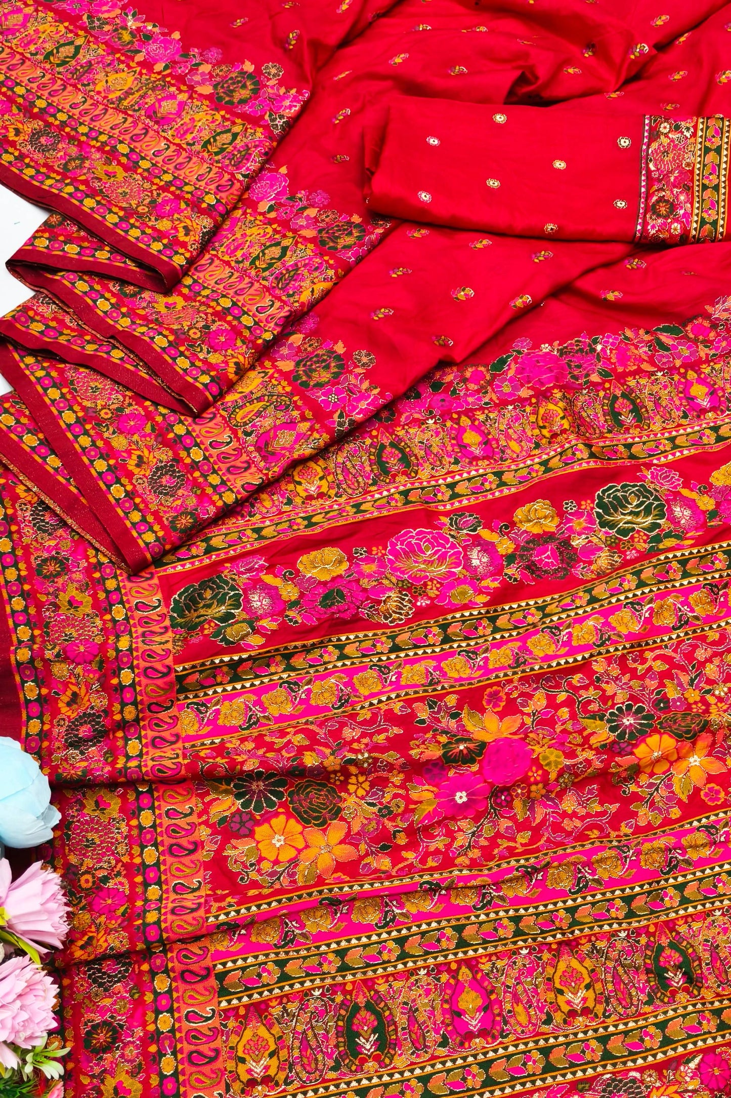 Improbable Red Nylon Dola Pashmina Saree With Sonorous Blouse Piece