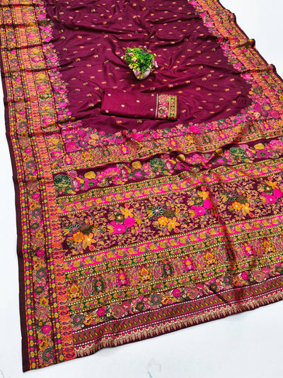 Charismatic Wine Nylon Dola Pashmina Saree With Incredible Blouse Piece