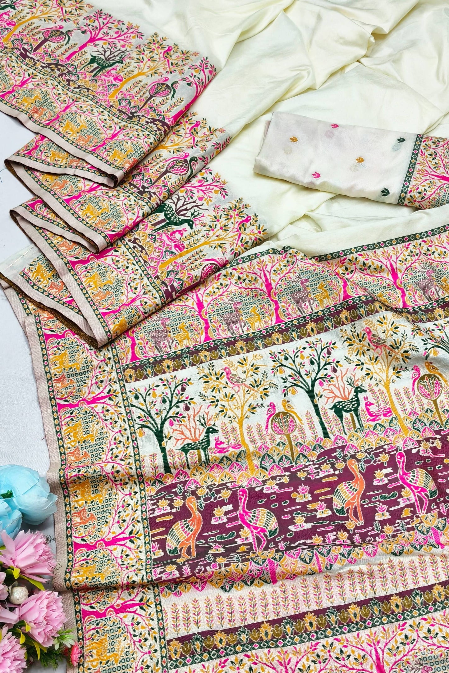 Nebula Beige Nylon Dola Pashmina Saree With Tremendous Blouse Piece