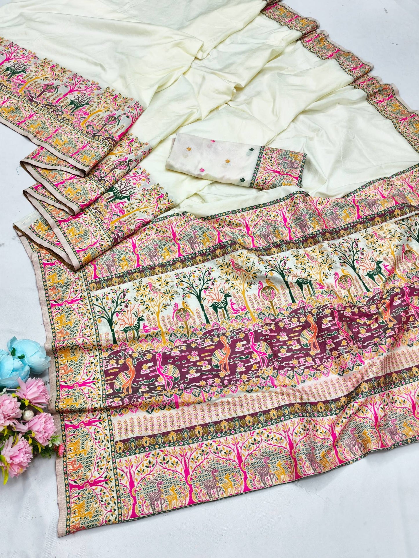 Nebula Beige Nylon Dola Pashmina Saree With Tremendous Blouse Piece