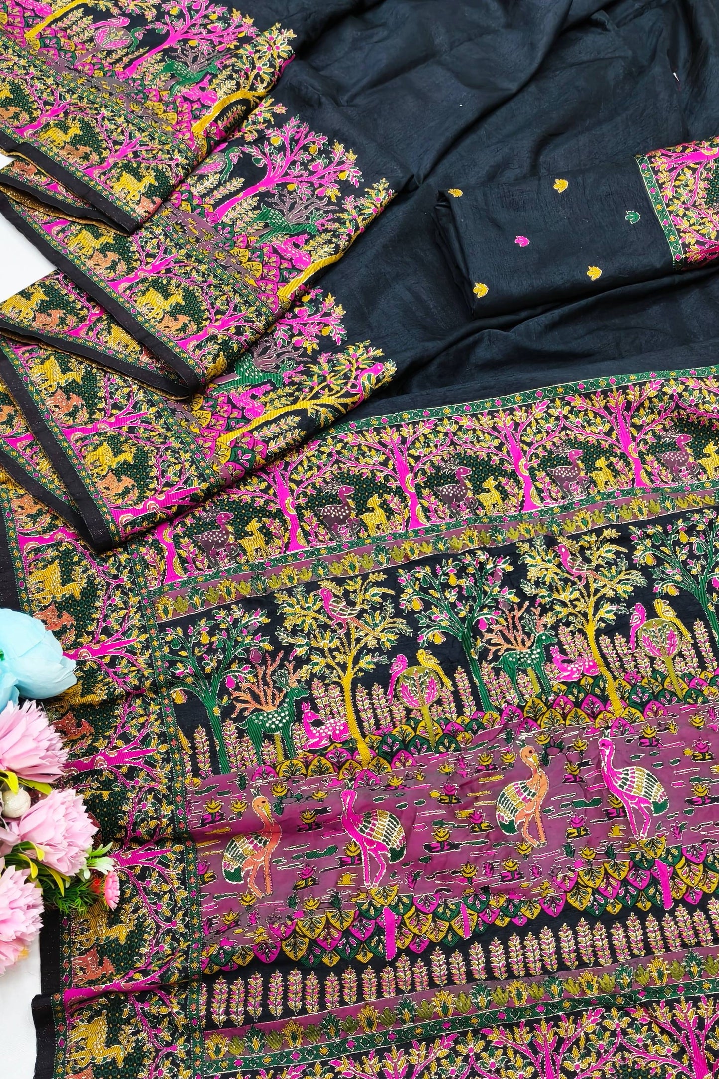 Divine Black Nylon Dola Pashmina Saree With Glowing Blouse Piece