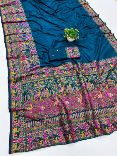 Blissful Blue Nylon Dola Pashmina Saree With Stylish Blouse Piece