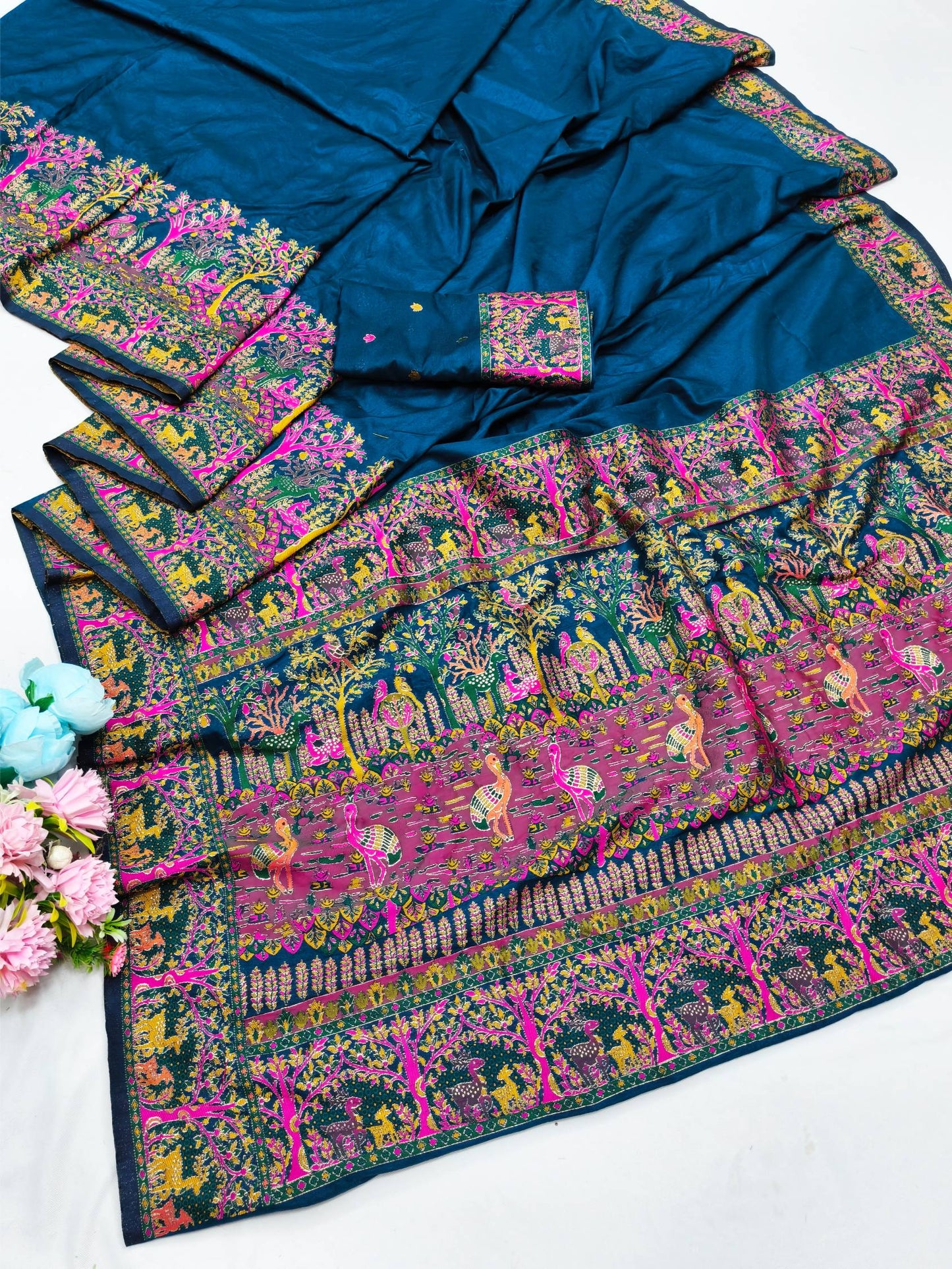 Blissful Blue Nylon Dola Pashmina Saree With Stylish Blouse Piece