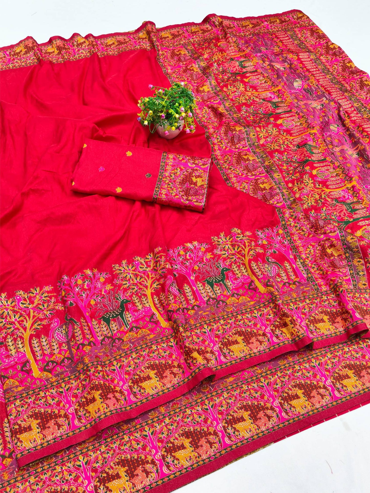 Woebegone Red Nylon Dola Pashmina Saree With Redolent Blouse Piece