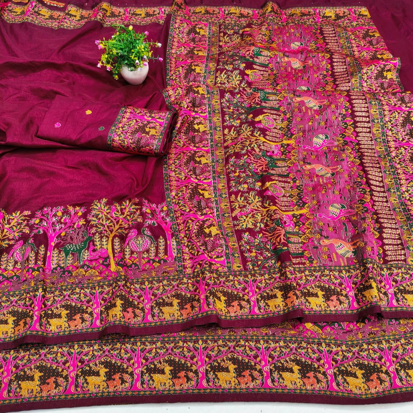 Prettiest Wine Nylon Dola Pashmina Saree With Glamorous Blouse Piece