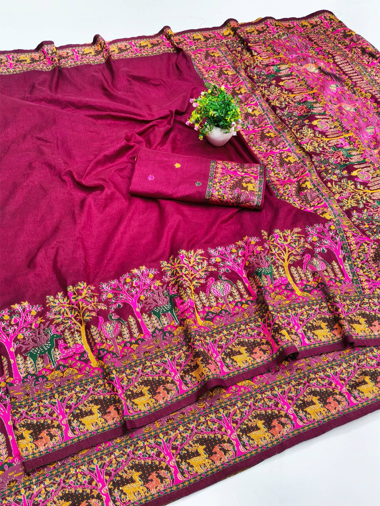 Prettiest Wine Nylon Dola Pashmina Saree With Glamorous Blouse Piece