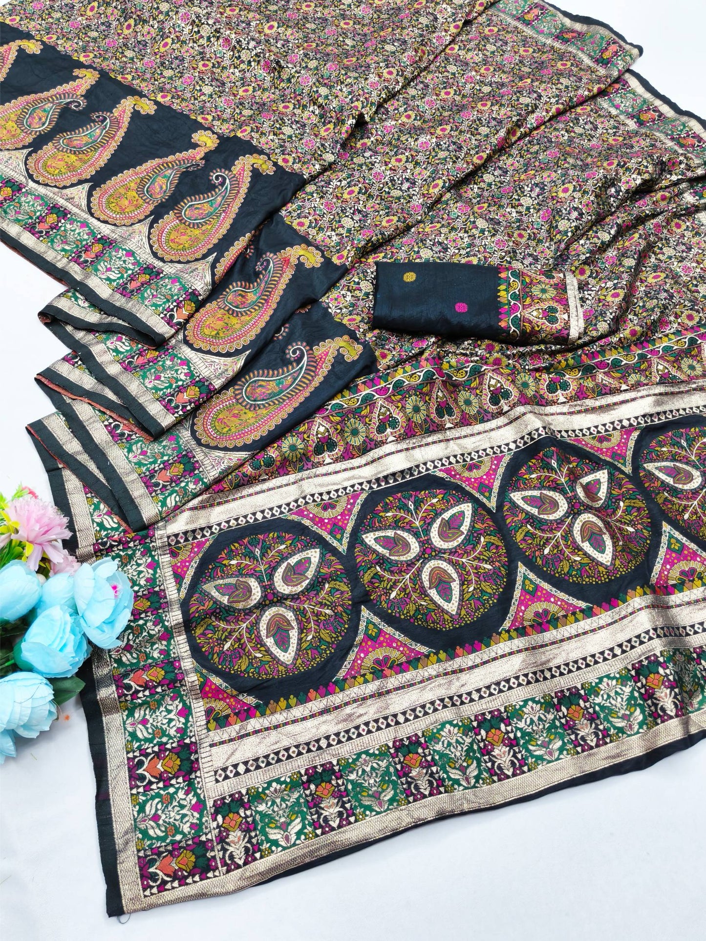 Alluring Black Nylon Dola Pashmina Saree With Fancifull Blouse Piece