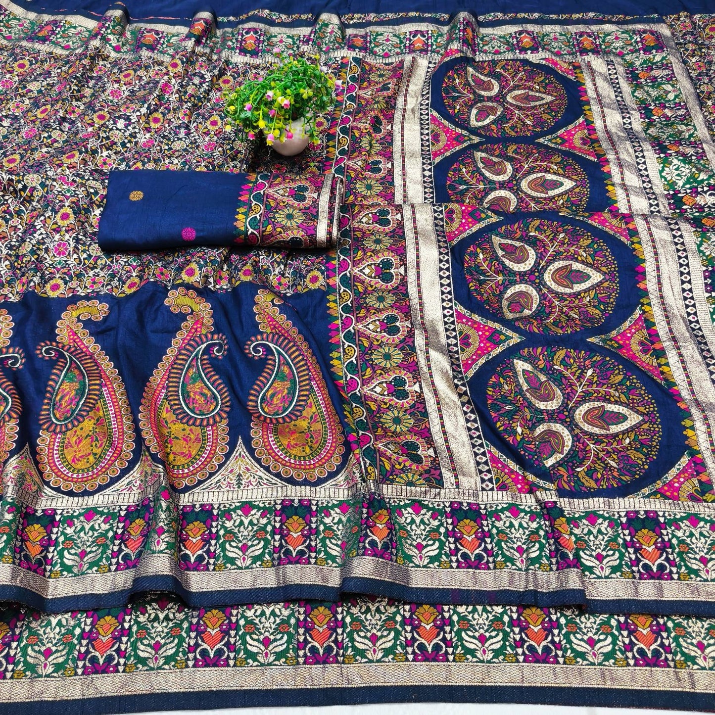 Majestic Navy Blue Nylon Dola Pashmina Saree With Angelic Blouse Piece