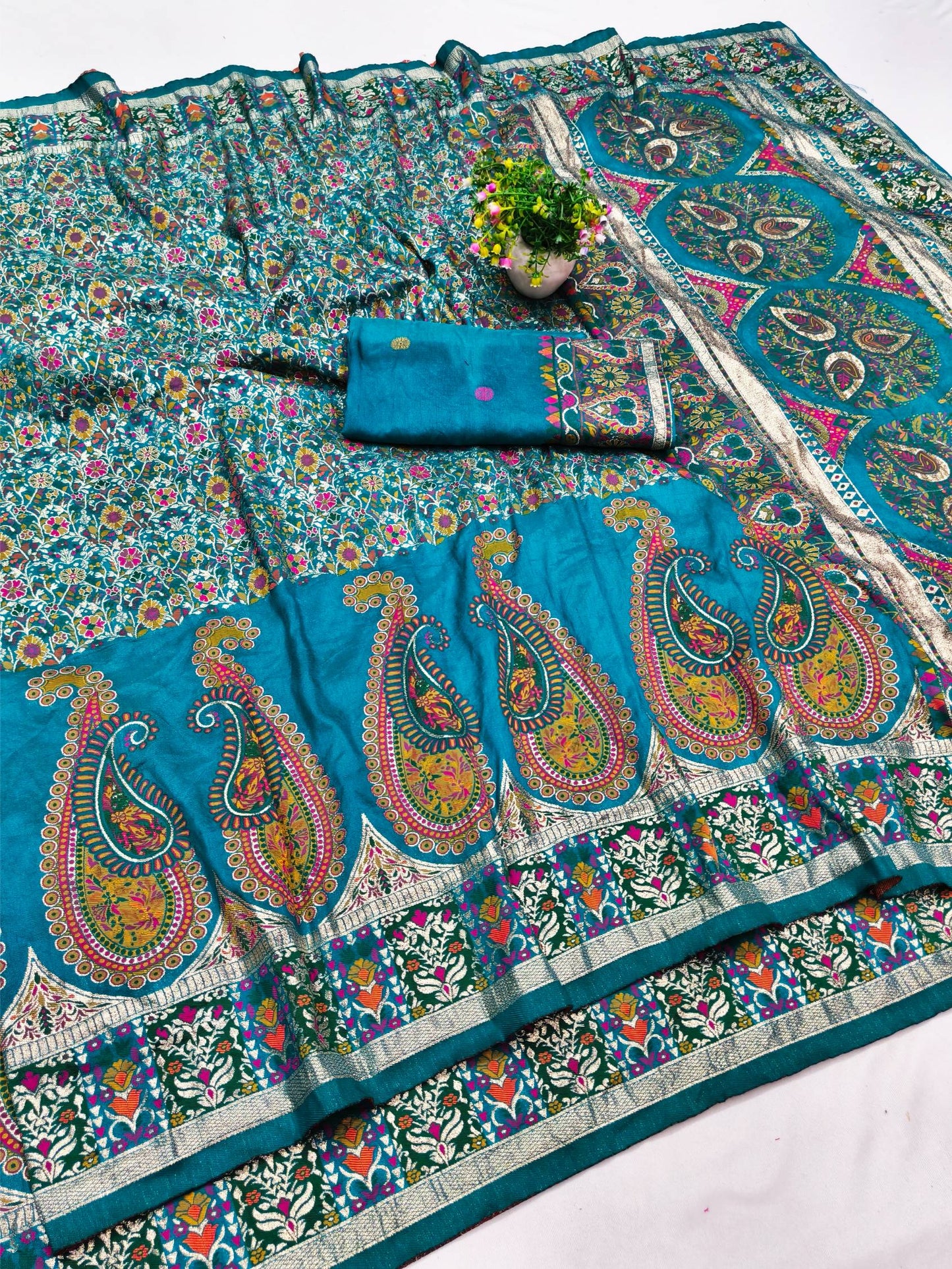 Exquisite Rama Nylon Dola Pashmina Saree With Moiety Blouse Piece