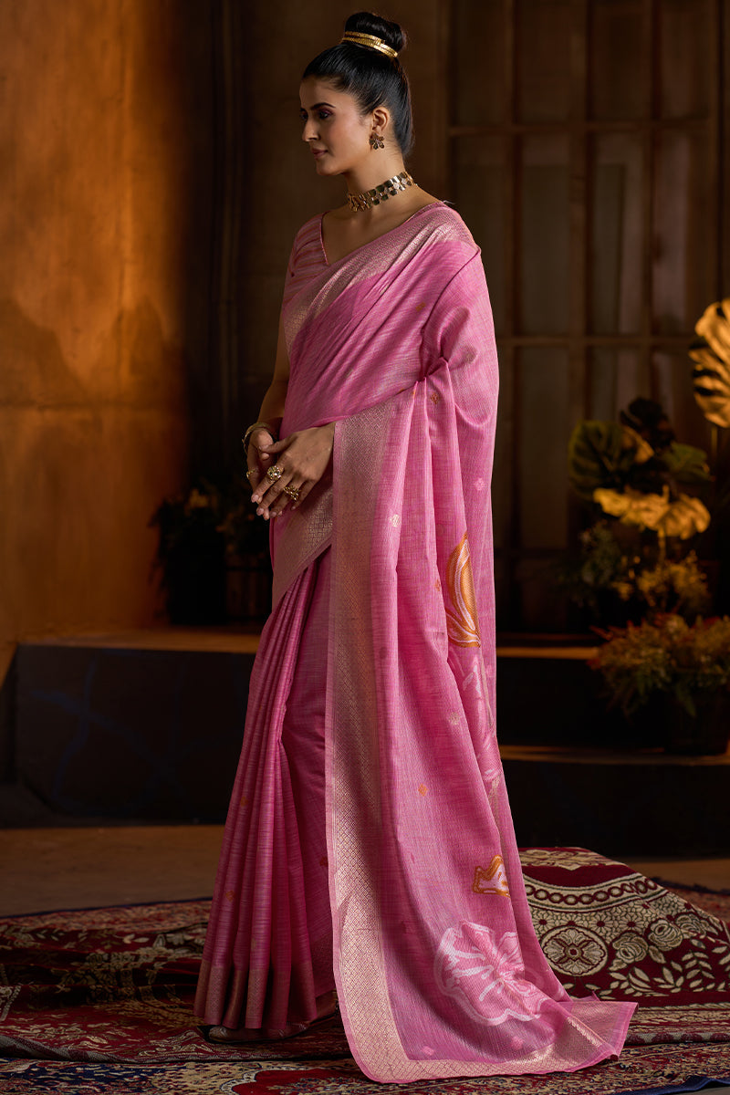 Zephyr Dark Pink Cotton Silk Saree With Pleasurable Blouse Piece