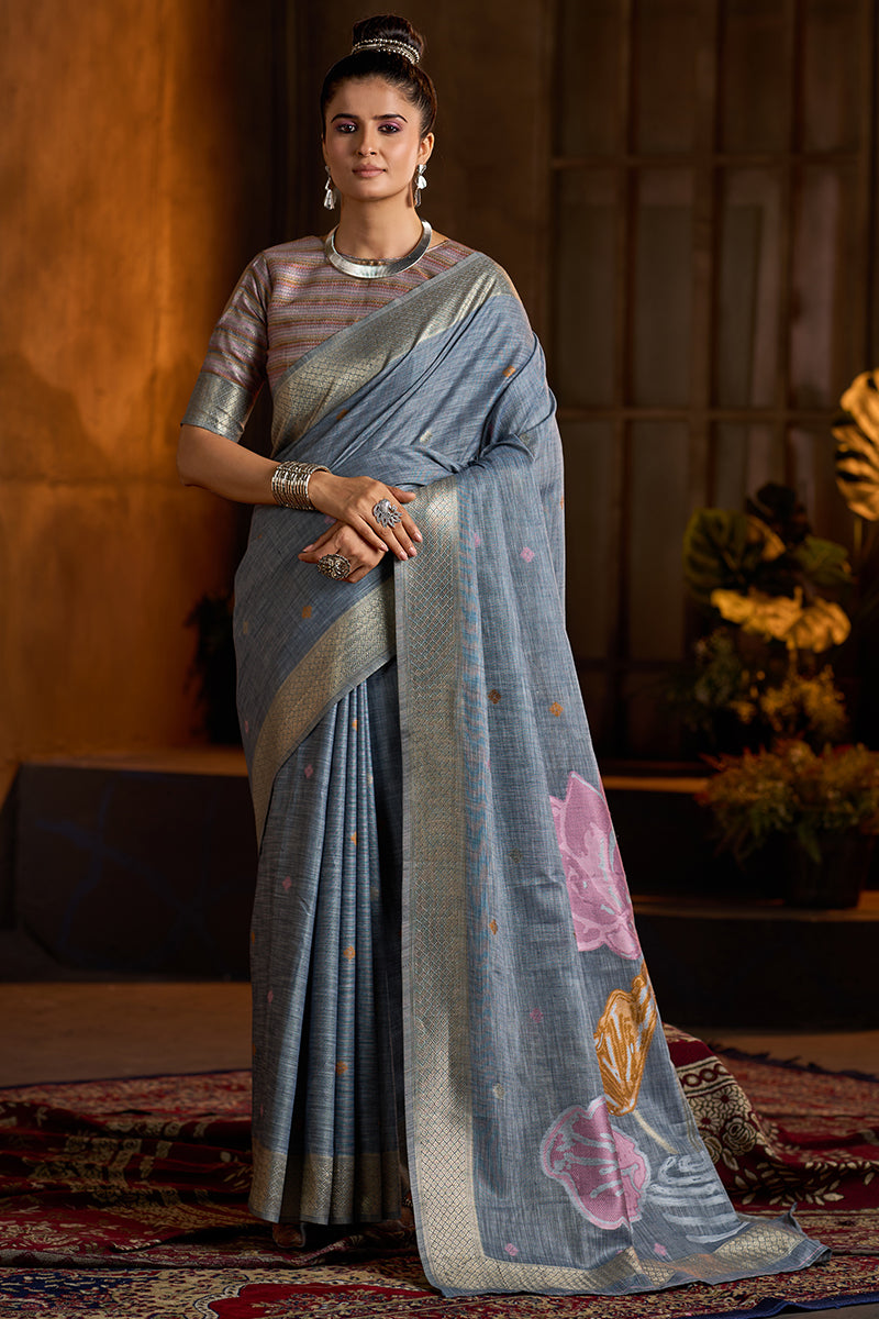 Captivating Grey Cotton Silk Saree With Sempiternal Blouse Piece