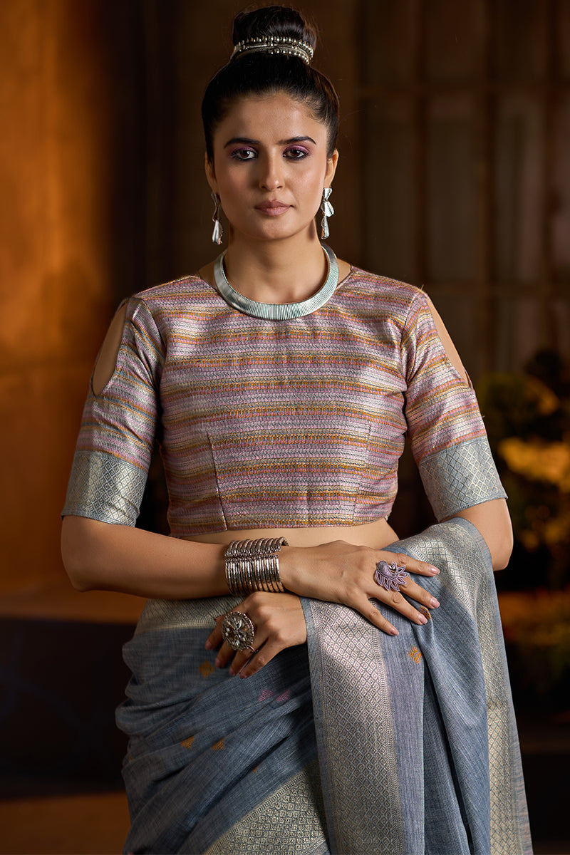 Captivating Grey Cotton Silk Saree With Sempiternal Blouse Piece