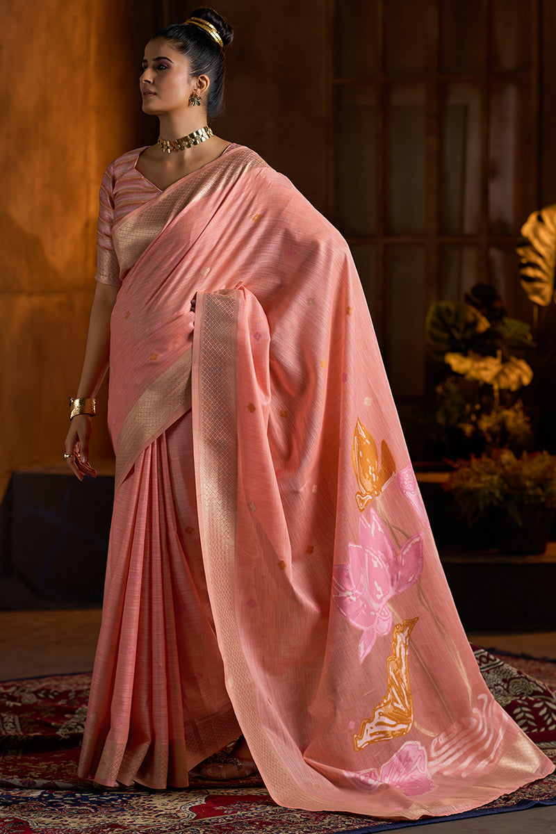 Enticing Peach Cotton Silk Saree With Chatoyant Blouse Piece