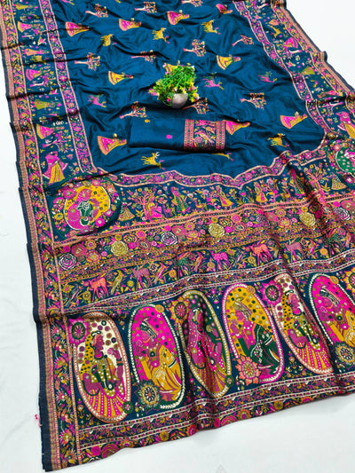 Flattering Blue Nylon Dola Pashmina Saree With Effulgent Blouse Piece