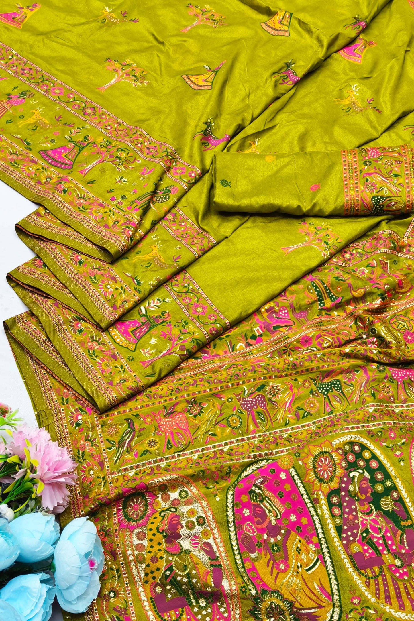 Proficient Mehandi Nylon Dola Pashmina Saree With Rhapsody Blouse Piece