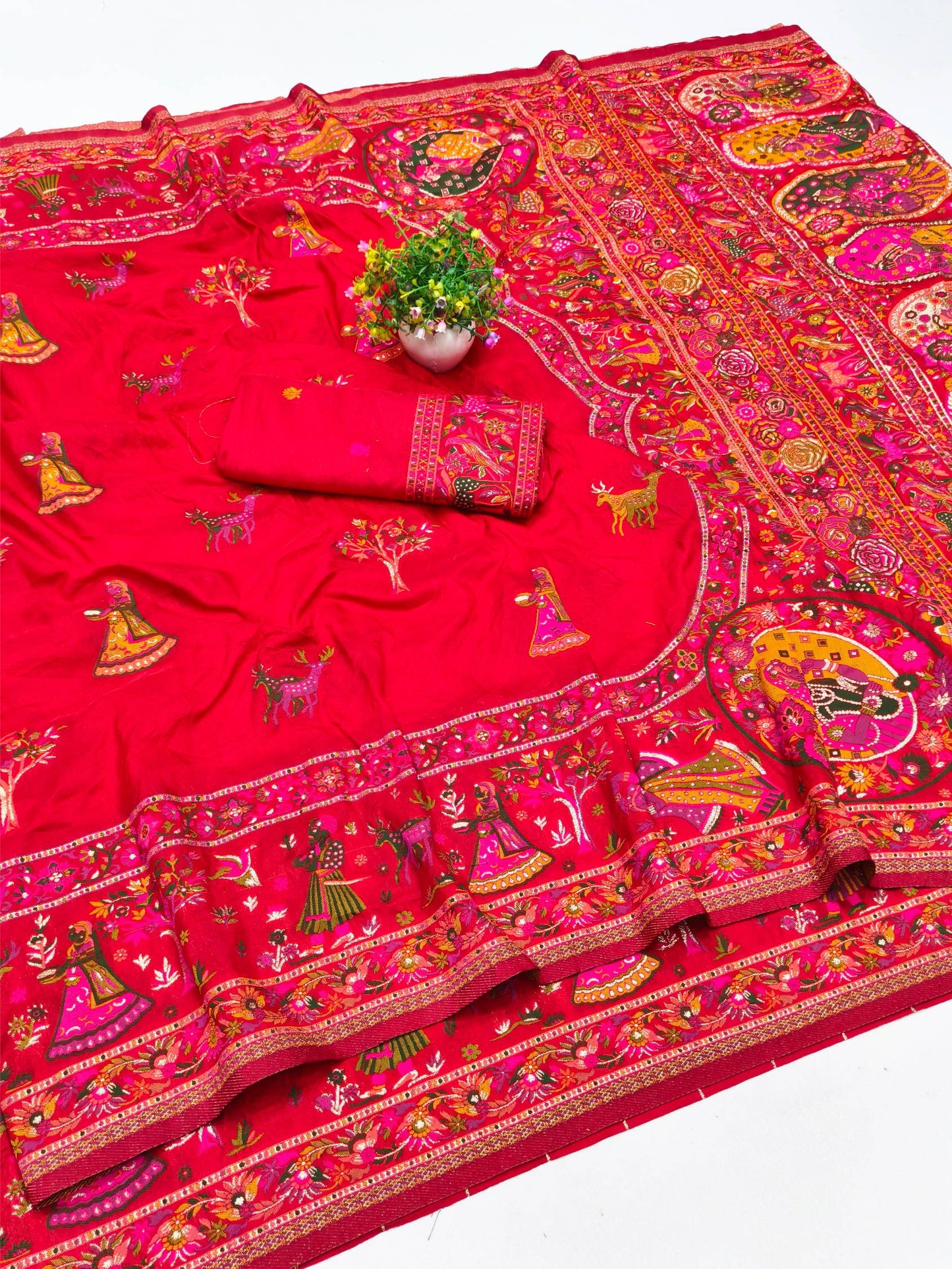 Gratifying Red Nylon Dola Pashmina Saree With Dalliance Blouse Piece